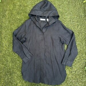 Vintage 100% Linen Long Line Cardigan With Hood Lagenlook Quiet Luxury Layer MP